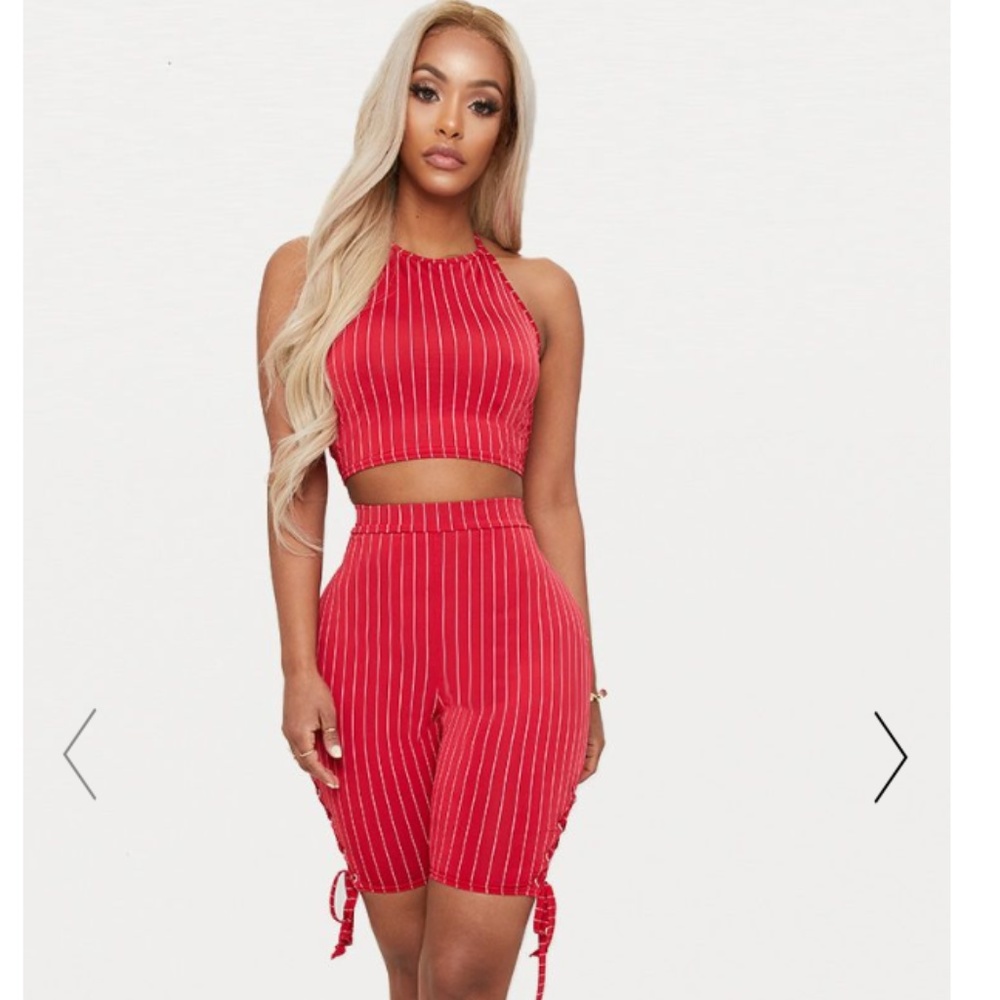 RED SLINKY PINSTRIPE SHORT SET
